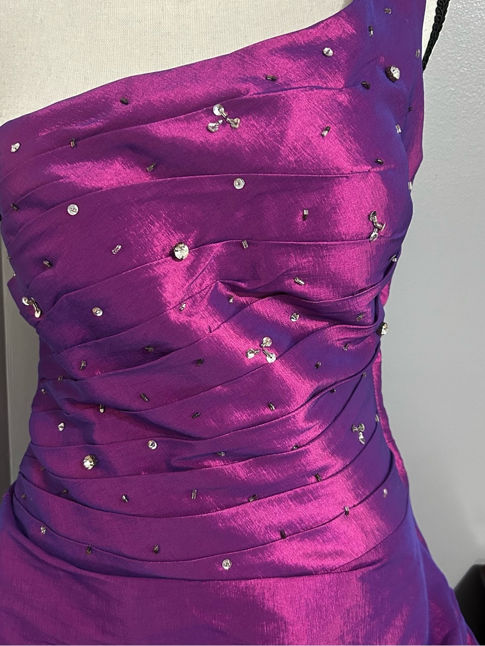 Fiesta Plum Party Dress Small One Shoulder Ruffled Skirt mini Ruched Jeweled - Picture 2 of 9
